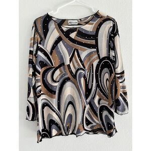 All Hours Top Womens Size Medium‎ 3/4 Sleeve Black Kaleidoscope Retro Sequin 70s